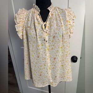 Current air Anthropologie Floral Ruffle sleeve split neckline Blouse
